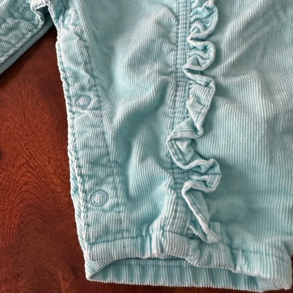 VTG OshKosh B'gosh Pants Overalls kids 6/9M Teal Blue Ruffle‎ Corduroy USA Made